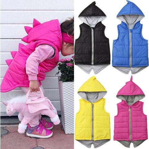 Winter Kids Baby Girl Boy Dinosaur Waistcoat Warm Cotton-padded Jacket Solid Sleeveless Zipper Vest Hooded Outerwear 0-7Y