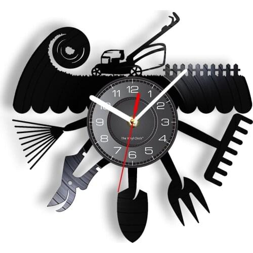 Gardening Tools Decorative Wall Clock Made Of Real VInyl Record Landscape Gardening Green Thumb Vintage Wall Watch Silent Decor