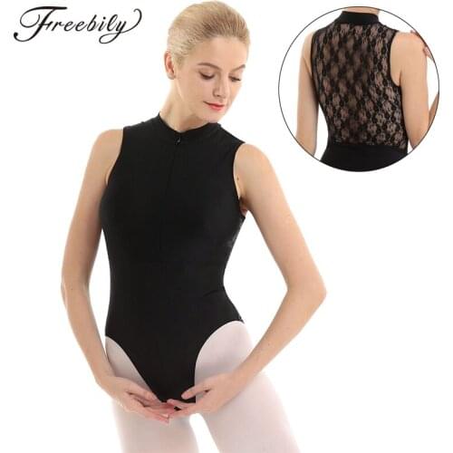 Gymnastics Leotard Women High-Necked Sleeveless Back Lace Splice Dance Costume Black Ballet Dancing Wear Gymnastics Leotard