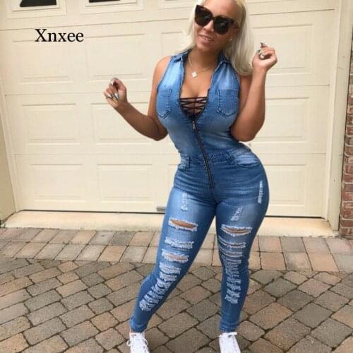 Hole Sleeveless New Fashion V Neck Sexy Pencil Rompers Club Denim Jumpsuit Bandage Women Slim Fit Leggings Playsuit Clothing
