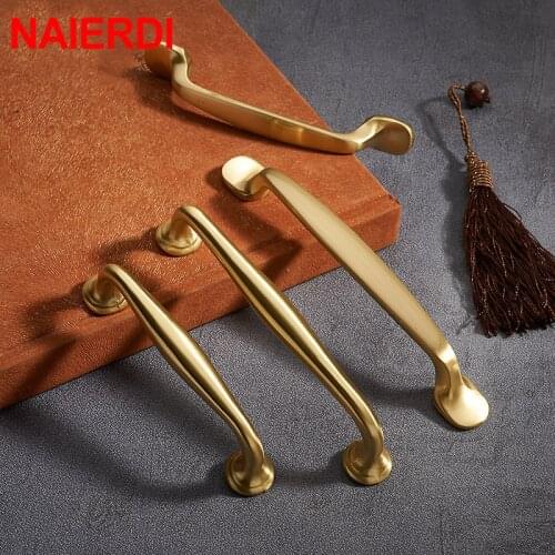 NAIERDI Solid Copper Kitchen Cupboard Door Pulls Cabinet Handles Drawer Knobs European Vintage Brass Gold Furniture Handle