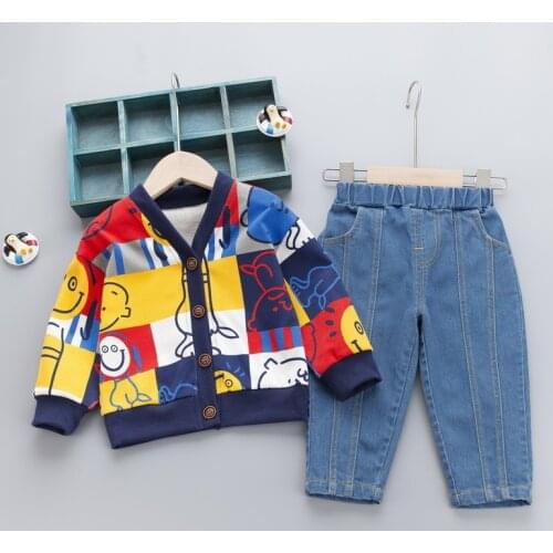 Korean Boys' New Spring And Autumn 2021 Baby Cute Cartoon Color Matching Fashion Cardigan Long Sleeve Sweater