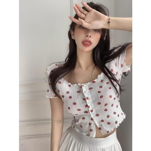 2021 New Short-sleeved Top Strawberry Floral T-shirt Womens Summer Sweet and Pure Desire Wind Short Tight-fitting T-shirt