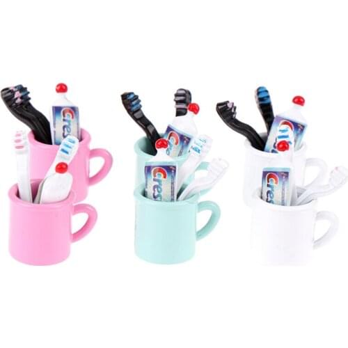 New! 4Pcs/Set 1/12 Doll House Miniature Mini Mouthwash Cup And Toothpaste Toothbrush Set for Dollhouse Bathroom Furniture Decor