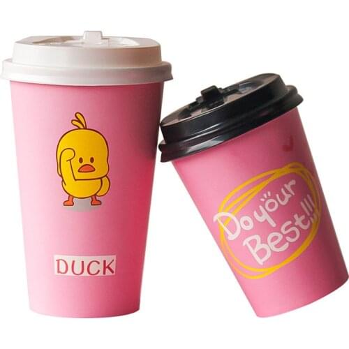 50pcs High quality 400ml 12oz disposable coffee cups takeaway hot cold drink coffee cup party favors pink paper cups with lid