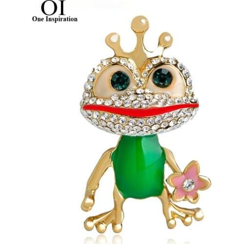OI Fashion Animal Crown Frog Shape Brooch Crystal Green Enamel Pins Women Party Clothing Bag Hat Accessories Children