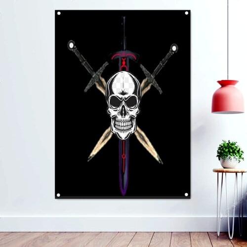 Skull and Cross Crossbones Poster Wall Art Sabres Swords Jolly Roger pirate Dead Mans Chest Flag Banners With Four Metal Buckle