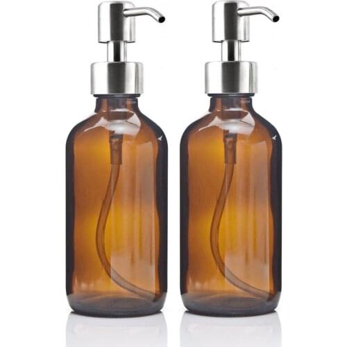 Drop 8 Oz Large 250ml Liquid Soap Dispenser Stainless Steel Pump for Essential Oils Homemade Lotion Round Amber Glass Bottle