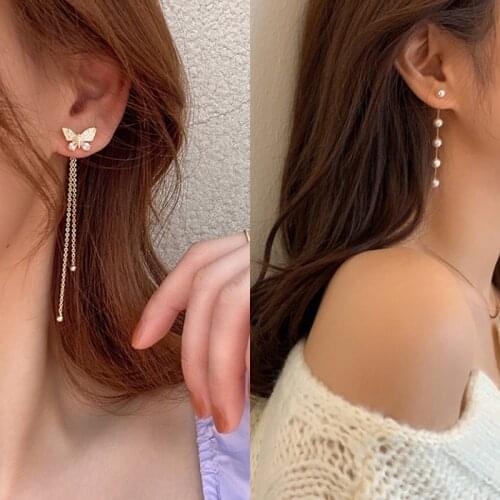New Long Tassle Dangle butterfly Earrings Simulation Pearl Long Earrings for women Wedding Pendant Earrings Fashion Jewelry Gift