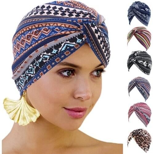 Women Boho Pleated Turban Hat Ethnic Elephant Striped Head Wrap Cross Twist Knot Stretchy Muslim Hijab Beanie Chemo Cap