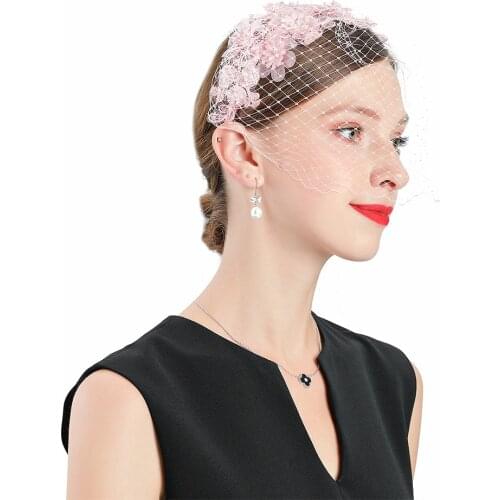 Wedding Woman Hat Fascinators Pink Flower With Veil Hat Elegant For Polyester Fedora Vintage Church Bridal Prom Banquet Cute Hat