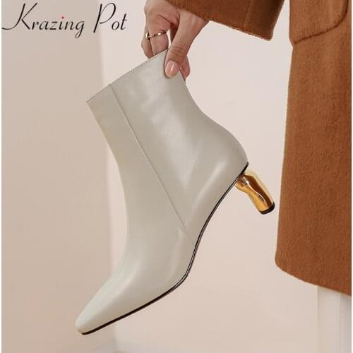 Krazing Pot 2020 fashion cow leather strange style square toe winter shoes zipper dating solid dress office lady ankle boots L69