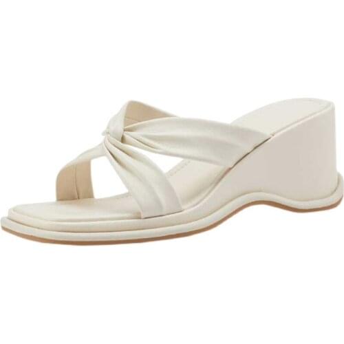 Womens Cross Band Slides Sandals Slip On PU Leather Wedge Slipper TPR Bottom Comfort Soft Platform Shoes 7cm Heeled