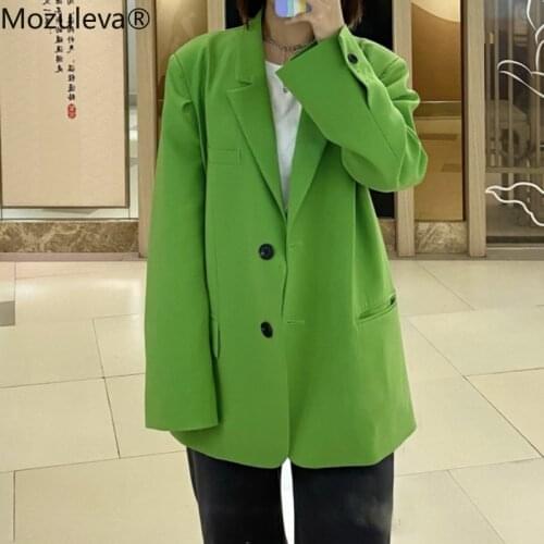 Mozuleva 2021 Spring Notched Single-breasted Full Loose Green Suit Fashion Autumn Pocket Coat High Quality Office Lady Blazer