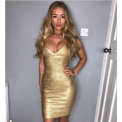 Top Quality Women Summer Sexy V Neck Backless Bronzing Gold Bodycon Bandage Dress 2021 Celebrity Designer Fashion Dress Vestidos