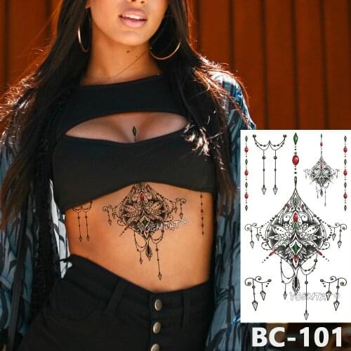 1 Sheet Chest Body Tattoo Temporary Waterproof Jewelry Red Green Gem Pattern Decal Waist Art Tattoo Sticker For Women