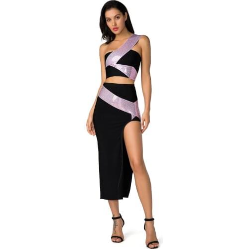2021 New Fashion Women Sexy Black Patchwork Sleeveless Bodycon Bandage Party Set