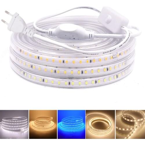 AC 220V LED Strip SMD 2835 Outdoor Waterproof Led Tape Ribbon 120LEDs/m White /Warm White Flexible Led Light Lamp With Switch