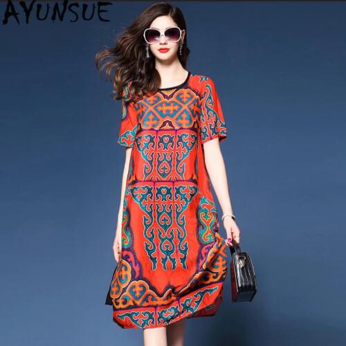 AYUNSUE 2020 New Summer Red Retro Silk Casual Dress for Women Elegant Plus Size Midi Dress Print Floral Dresses Vestido KJ1889