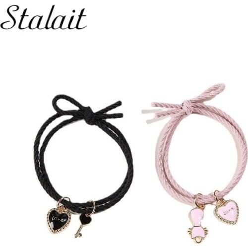 Cute Cat Love Heart Couple Bracelets Key Pendant Attracting Magnetic Pink Rope String Red Adjustable Woven Friendship Bracelet
