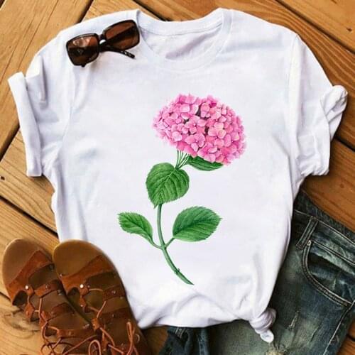 Cartoon Flower Print T-shirt Ladies Tops Fashion Harajuku Style 90s White Basic Ladies Simple T-shirt Fashion Clothes Lady Tee