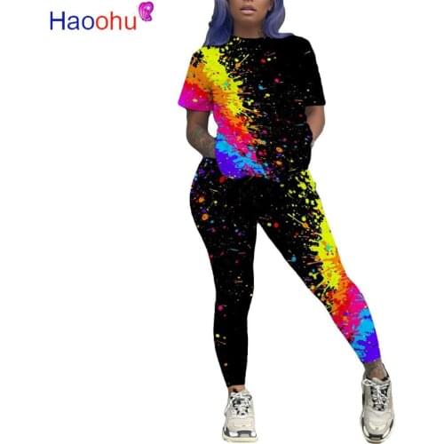 HAOOHU active wear women painted print two piece set short sleeve tee tops pencil long pants suit sweatsuit tracksuit outfit