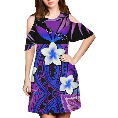 Hycool Polynesian Tribal Design Blue Hibiscus Print Short Sleeve Party Dress Lady Charming Sexy Dress Gowns Factory Direct Sales