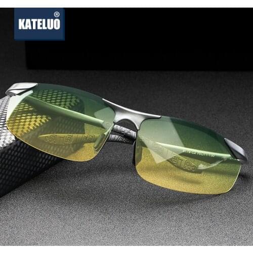 KATELUO 2020 Fashion Anti Glare Day Night Driving Glasses for Men Rimless Car Glasses Mens Polarized Sunglasses 8179