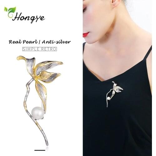Hongye Classic Freshwater Pearl Flower Brooches Female Tulip Silver Color Pin For Women Wedding Party Dress Badge Jewelry 2020