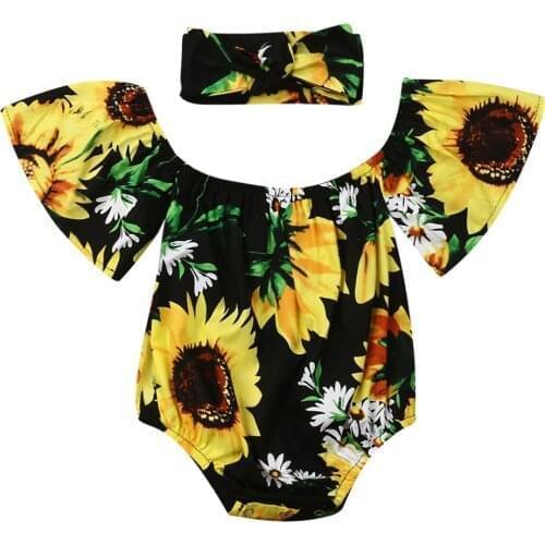 0-24M Newborn Baby Girl Off the Shoulder Romper Short Sleeve Sunflower Rompers Jumpsuit with Headband Outfit Clothes