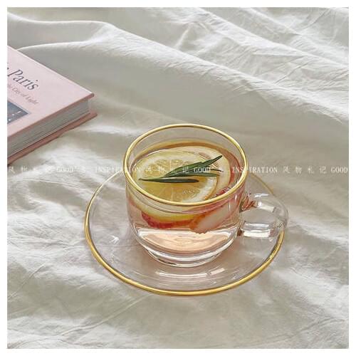 Korea Ins Afternoon Tea Retro Phnom Penh Glass Coffee Cup and Saucer Set Scented Tea Latte Cup Glass Cup Set