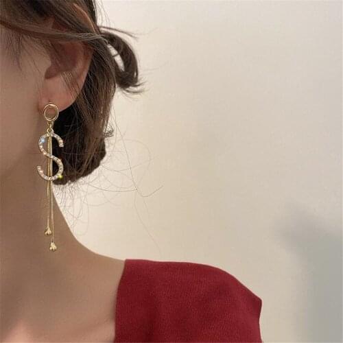 Fashion Rhinestone Dollar Icon Shape Hanging Shiny Dangle Exaggerated Womens Earrings