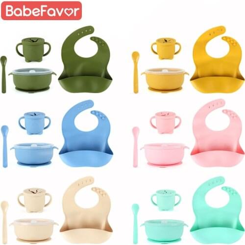Baby Feeding Tableware Set Silicone Bowl Cup Spoon Bib Non-Slip Crockery Food Grade Kids Dish Drinking Cups Cute Bowl Spoon Bib