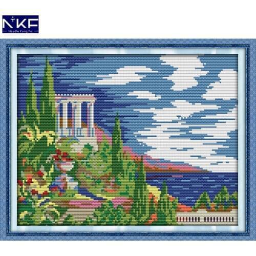 NKF View Residence Stamped Cross Stitch Pattern DIY Kits Needlework Embroidery Set Chinese Cross Stitch for Home Decor