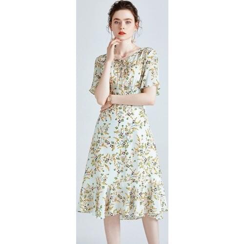 Fashion new womens silk dress 100 mulberry silk French high quality printed short sleeve dress women summer