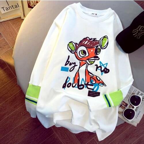 Autumn tshirt Casual Cartoon Deer Girl Sweatshirt Tee Loose T-Shirts Women Long Sleeve Oversize Streetwear Gothic Harajuku Kawai