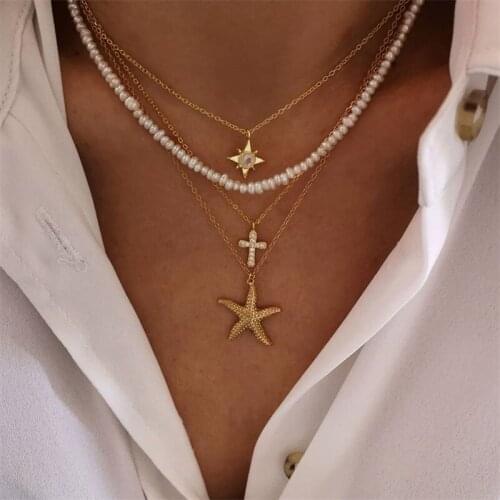 4 Pcs/Set Women Necklaces Set Beach Fashion Starfish Crystal Cross Star Pearl Multilayer Necklace Boho Classic Ladies Jewelry