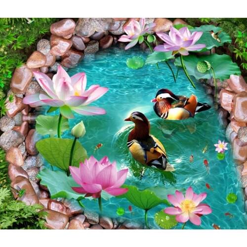 Custom 3d flooring self adhesive wallpaper 3d floor tiles living room pvc roll floor Mandarin duck lotus photo wallpaper
