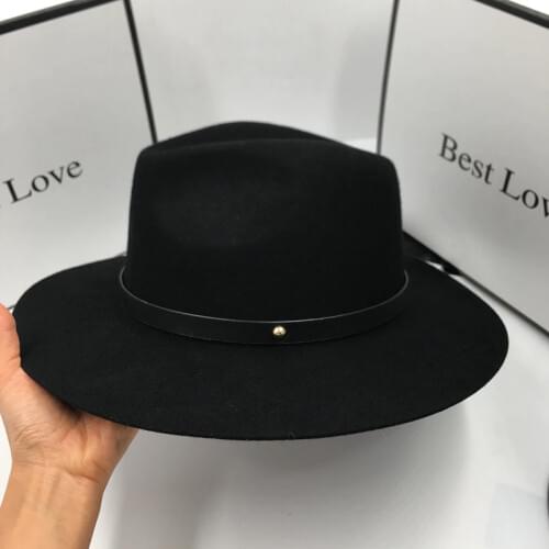 In winter New euramerican style black wool hat for men and women Belt fedoras