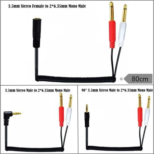 3.5mm 1/8" TRS Stereo to 2 Dual 1/4 Inch 6.35 mm Mono TS Male Y Splitter Coiled Spiral Cable, 3.5 mm Stereo to 1/4 Mono cable