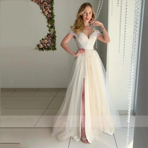Champagne Wedding Dresses Off the Shoulder Pleats Side Split Bridal Gowns Lace Applique A-line Spaghetti Straps Robe De Mariee