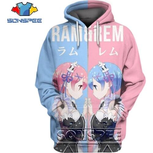 SONSPEE Anime Re:zero Twin Sisters Maid Ram And Rem 3D Printed Hoodies Casual Fashion Cartoon Cute Mens Sweatshirt Clothing