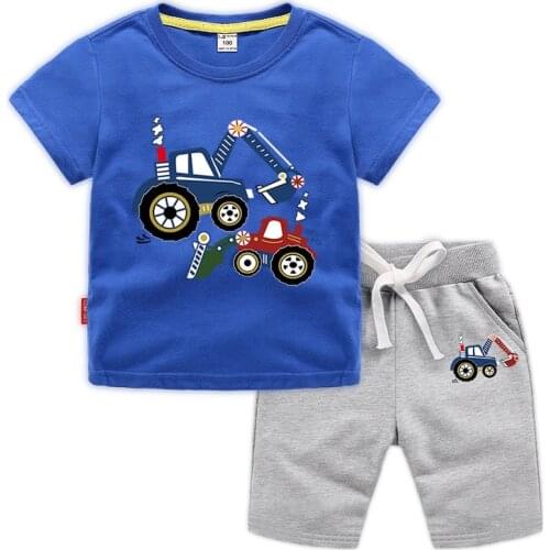 TUONXYE Summer Childrens Clothes For Boy Cartoon excavator T Shirt+Pants Kids Short Sleeve Clothing Set Teens Sport Tracksuit