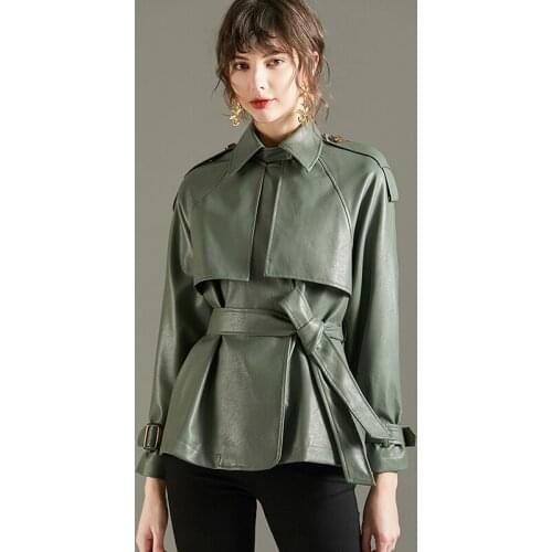 2021 Spring Autumn Lapel Soft Faux Leather Jacket Women Green Simplicity Loose PU Leather Jackets Office Lady Outwear With Belt