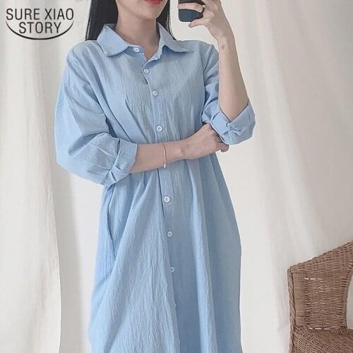 Wild Loose Plus Size BF Style Mid-Length Over The Knee Womens Shirt Lazy Solid Color Shirt Korean Clothes 2021 Summer 9654