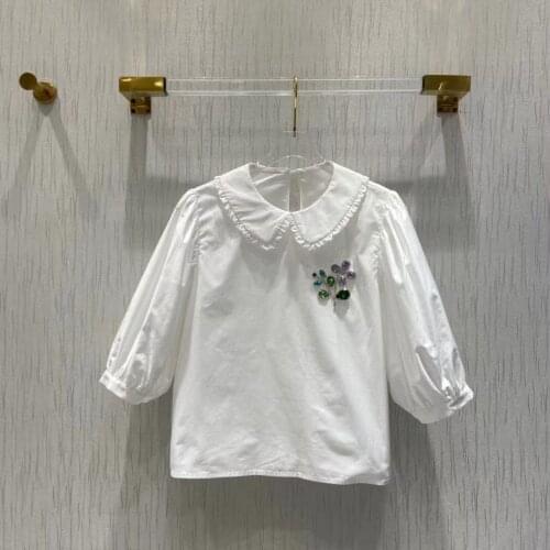 2021 Autumn New Fashion Women Blouse Runway Design Vintage Diamonds Peter pan Collar Elegant Half Sleeve Casual White Shirt