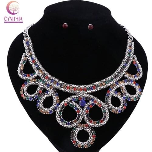 3 colors crystal Women Gold silver plated boho jewelry sets for party wedding with earrings statement necklace Trendy necklace