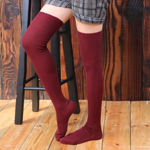 Women Winter Stockings Wool Thermal Over Knee Sock Solid Color Black Wine-red Tight Slim Thigh Stocking Japan Style Long Socks