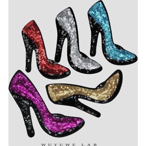 2Pairs Red Sequins Bling Shoes Applique Clothing Embroidery Patch Fabric Sticker Iron On Patch Craft Sewing Repair 13.5x10cm