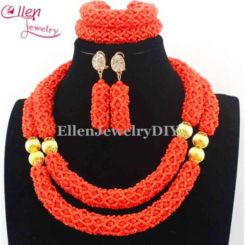2019 Latest Nigerian wedding Beads Women Choker Necklace Jewlery Set Orange Crystal African beads Jewelry Sets E1063